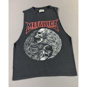 Rare Vintage Y2K Metallica Band Tee Skull Head Phones Black Cut Off Shirt Medium